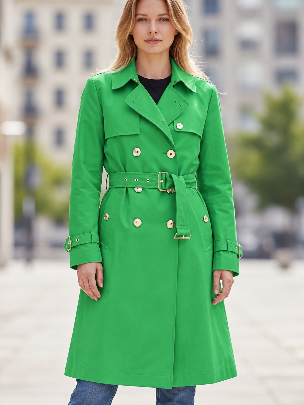 Isaac Mizrahi Live Green Jacket Double-Breasted Trench Coat Reversible polka dot